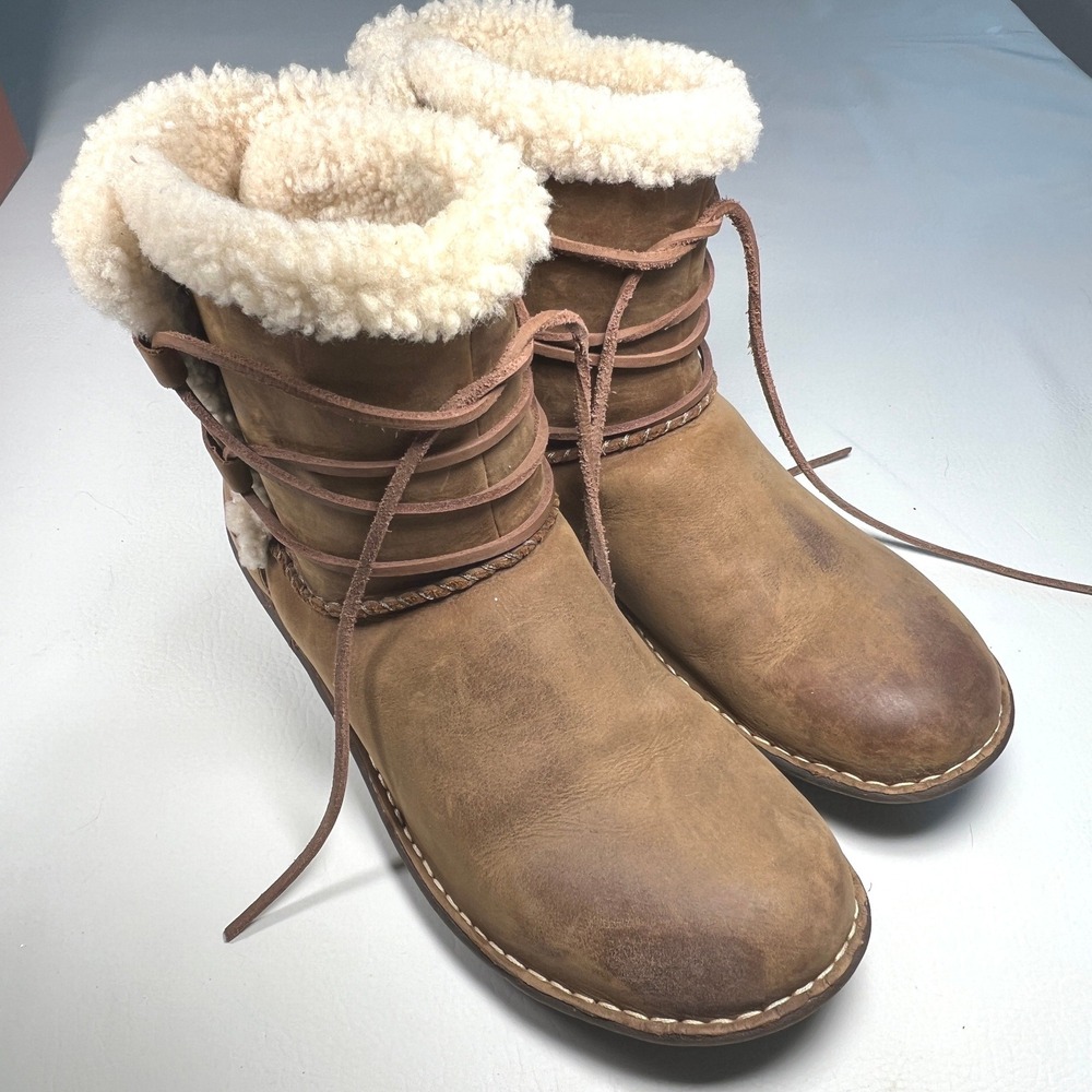 UGG Caspia Boots Womens 12 Brown Leather Sheepskin Lined Lace Wrap Warm Outdoors